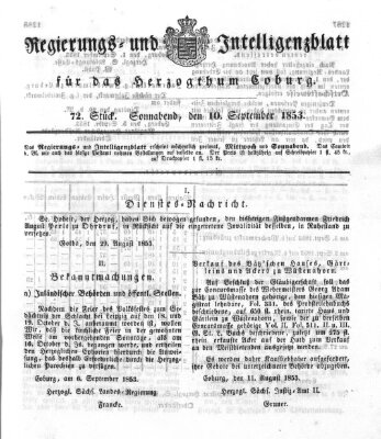 Regierungs- und Intelligenzblatt für das Herzogtum Coburg (Coburger Regierungs-Blatt) Samstag 10. September 1853