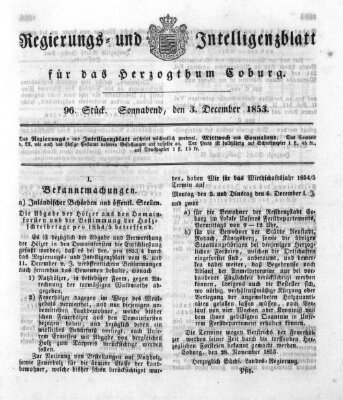 Regierungs- und Intelligenzblatt für das Herzogtum Coburg (Coburger Regierungs-Blatt) Samstag 3. Dezember 1853