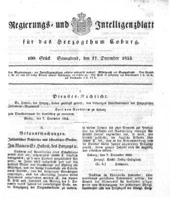 Regierungs- und Intelligenzblatt für das Herzogtum Coburg (Coburger Regierungs-Blatt) Samstag 17. Dezember 1853