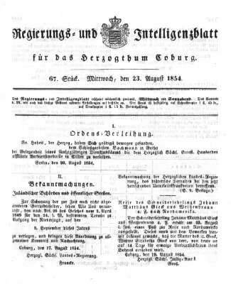 Regierungs- und Intelligenzblatt für das Herzogtum Coburg (Coburger Regierungs-Blatt) Mittwoch 23. August 1854