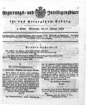 Regierungs- und Intelligenzblatt für das Herzogtum Coburg (Coburger Regierungs-Blatt) Mittwoch 17. Januar 1855