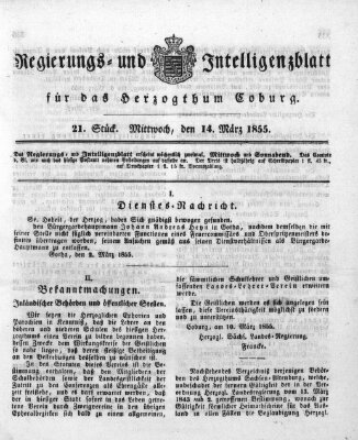 Regierungs- und Intelligenzblatt für das Herzogtum Coburg (Coburger Regierungs-Blatt) Mittwoch 14. März 1855