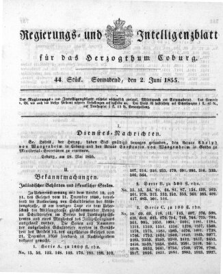 Regierungs- und Intelligenzblatt für das Herzogtum Coburg (Coburger Regierungs-Blatt) Samstag 2. Juni 1855