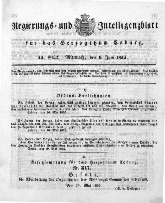 Regierungs- und Intelligenzblatt für das Herzogtum Coburg (Coburger Regierungs-Blatt) Mittwoch 6. Juni 1855