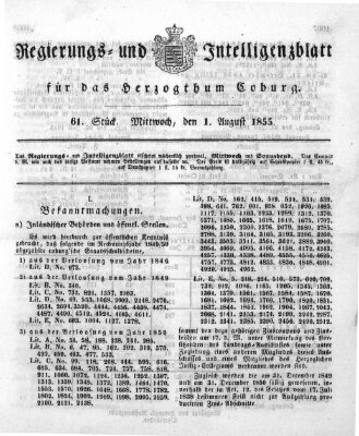 Regierungs- und Intelligenzblatt für das Herzogtum Coburg (Coburger Regierungs-Blatt) Mittwoch 1. August 1855