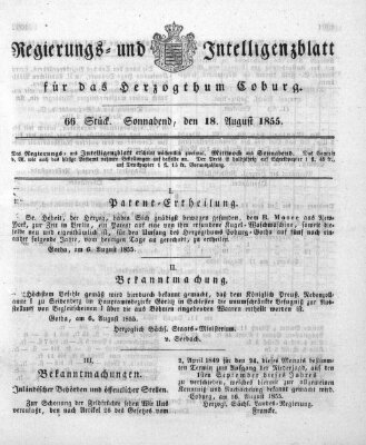 Regierungs- und Intelligenzblatt für das Herzogtum Coburg (Coburger Regierungs-Blatt) Samstag 18. August 1855