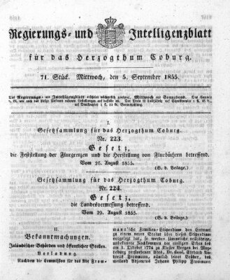 Regierungs- und Intelligenzblatt für das Herzogtum Coburg (Coburger Regierungs-Blatt) Mittwoch 5. September 1855