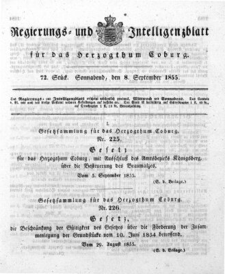 Regierungs- und Intelligenzblatt für das Herzogtum Coburg (Coburger Regierungs-Blatt) Samstag 8. September 1855