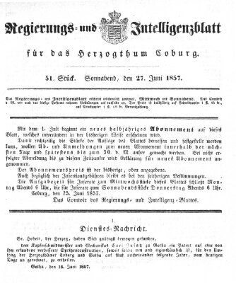 Regierungs- und Intelligenzblatt für das Herzogtum Coburg (Coburger Regierungs-Blatt) Samstag 27. Juni 1857