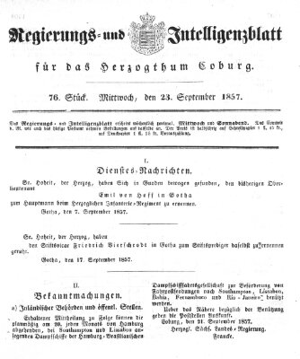 Regierungs- und Intelligenzblatt für das Herzogtum Coburg (Coburger Regierungs-Blatt) Mittwoch 23. September 1857