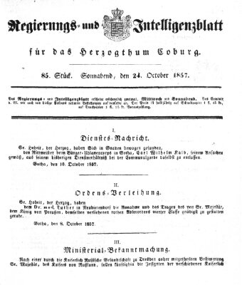Regierungs- und Intelligenzblatt für das Herzogtum Coburg (Coburger Regierungs-Blatt) Samstag 24. Oktober 1857