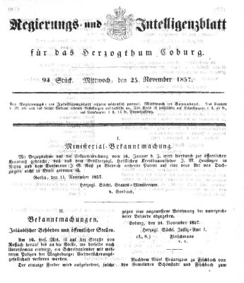 Regierungs- und Intelligenzblatt für das Herzogtum Coburg (Coburger Regierungs-Blatt) Mittwoch 25. November 1857