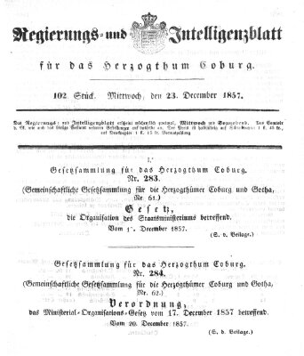 Regierungs- und Intelligenzblatt für das Herzogtum Coburg (Coburger Regierungs-Blatt) Mittwoch 23. Dezember 1857