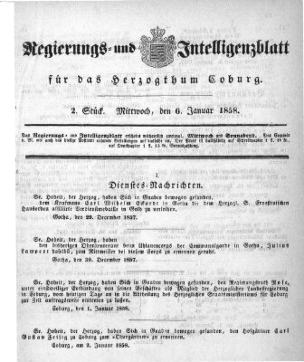 Regierungs- und Intelligenzblatt für das Herzogtum Coburg (Coburger Regierungs-Blatt) Mittwoch 6. Januar 1858