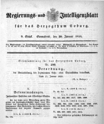 Regierungs- und Intelligenzblatt für das Herzogtum Coburg (Coburger Regierungs-Blatt) Samstag 30. Januar 1858