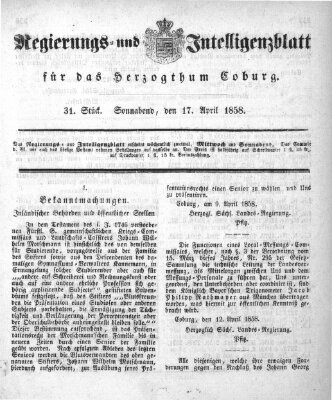 Regierungs- und Intelligenzblatt für das Herzogtum Coburg (Coburger Regierungs-Blatt) Samstag 17. April 1858
