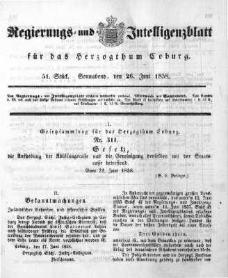 Regierungs- und Intelligenzblatt für das Herzogtum Coburg (Coburger Regierungs-Blatt) Samstag 26. Juni 1858