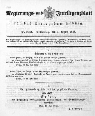 Regierungs- und Intelligenzblatt für das Herzogtum Coburg (Coburger Regierungs-Blatt) Donnerstag 5. August 1858