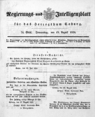 Regierungs- und Intelligenzblatt für das Herzogtum Coburg (Coburger Regierungs-Blatt) Donnerstag 19. August 1858