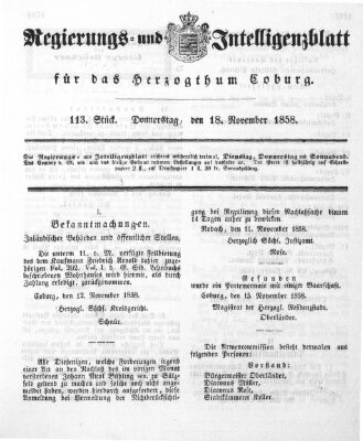 Regierungs- und Intelligenzblatt für das Herzogtum Coburg (Coburger Regierungs-Blatt) Donnerstag 18. November 1858
