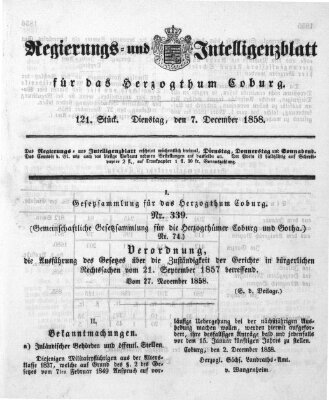 Regierungs- und Intelligenzblatt für das Herzogtum Coburg (Coburger Regierungs-Blatt) Dienstag 7. Dezember 1858