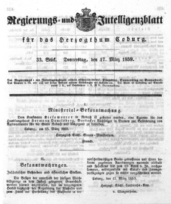 Regierungs- und Intelligenzblatt für das Herzogtum Coburg (Coburger Regierungs-Blatt) Donnerstag 17. März 1859