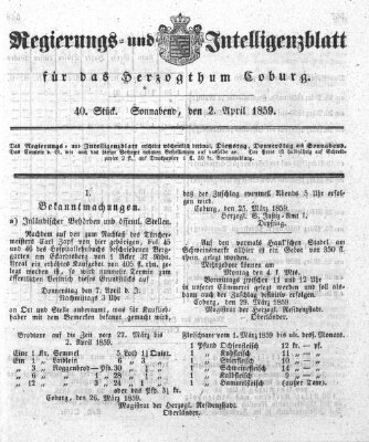 Regierungs- und Intelligenzblatt für das Herzogtum Coburg (Coburger Regierungs-Blatt) Samstag 2. April 1859