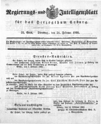 Regierungs- und Intelligenzblatt für das Herzogtum Coburg (Coburger Regierungs-Blatt) Dienstag 21. Februar 1860