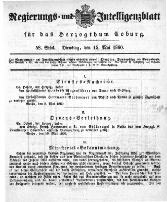 Regierungs- und Intelligenzblatt für das Herzogtum Coburg (Coburger Regierungs-Blatt) Dienstag 15. Mai 1860