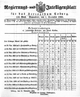 Regierungs- und Intelligenzblatt für das Herzogtum Coburg (Coburger Regierungs-Blatt) Samstag 1. Dezember 1860