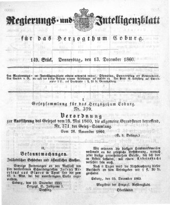 Regierungs- und Intelligenzblatt für das Herzogtum Coburg (Coburger Regierungs-Blatt) Donnerstag 13. Dezember 1860