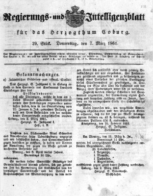 Regierungs- und Intelligenzblatt für das Herzogtum Coburg (Coburger Regierungs-Blatt) Donnerstag 7. März 1861
