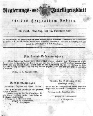 Regierungs- und Intelligenzblatt für das Herzogtum Coburg (Coburger Regierungs-Blatt) Dienstag 12. November 1861
