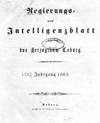Regierungs- und Intelligenzblatt für das Herzogtum Coburg (Coburger Regierungs-Blatt) Donnerstag 2. Januar 1862