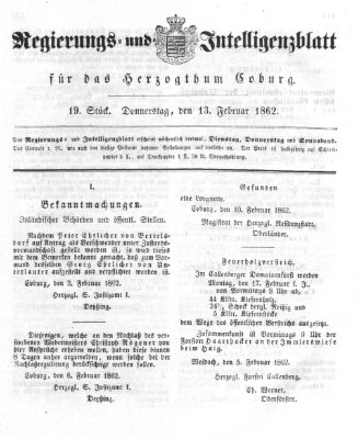 Regierungs- und Intelligenzblatt für das Herzogtum Coburg (Coburger Regierungs-Blatt) Donnerstag 13. Februar 1862