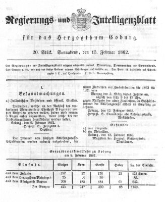 Regierungs- und Intelligenzblatt für das Herzogtum Coburg (Coburger Regierungs-Blatt) Samstag 15. Februar 1862