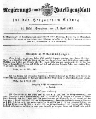 Regierungs- und Intelligenzblatt für das Herzogtum Coburg (Coburger Regierungs-Blatt) Samstag 12. April 1862