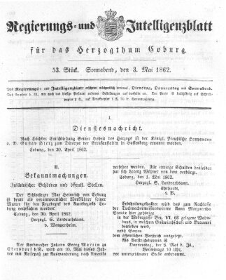 Regierungs- und Intelligenzblatt für das Herzogtum Coburg (Coburger Regierungs-Blatt) Samstag 3. Mai 1862