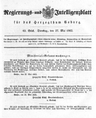 Regierungs- und Intelligenzblatt für das Herzogtum Coburg (Coburger Regierungs-Blatt) Dienstag 27. Mai 1862