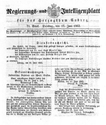 Regierungs- und Intelligenzblatt für das Herzogtum Coburg (Coburger Regierungs-Blatt) Dienstag 17. Juni 1862