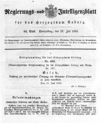 Regierungs- und Intelligenzblatt für das Herzogtum Coburg (Coburger Regierungs-Blatt) Donnerstag 17. Juli 1862