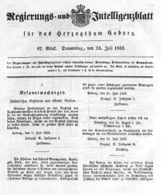 Regierungs- und Intelligenzblatt für das Herzogtum Coburg (Coburger Regierungs-Blatt) Donnerstag 24. Juli 1862