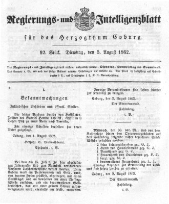 Regierungs- und Intelligenzblatt für das Herzogtum Coburg (Coburger Regierungs-Blatt) Dienstag 5. August 1862