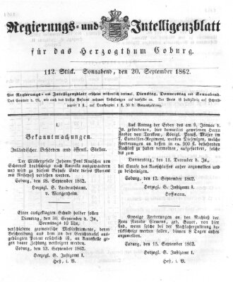 Regierungs- und Intelligenzblatt für das Herzogtum Coburg (Coburger Regierungs-Blatt) Samstag 20. September 1862