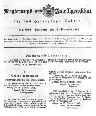 Regierungs- und Intelligenzblatt für das Herzogtum Coburg (Coburger Regierungs-Blatt) Donnerstag 25. September 1862