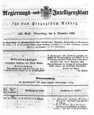 Regierungs- und Intelligenzblatt für das Herzogtum Coburg (Coburger Regierungs-Blatt) Donnerstag 6. November 1862