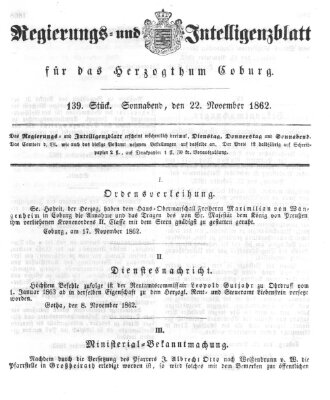Regierungs- und Intelligenzblatt für das Herzogtum Coburg (Coburger Regierungs-Blatt) Samstag 22. November 1862