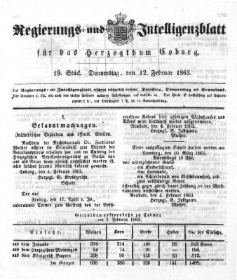 Regierungs- und Intelligenzblatt für das Herzogtum Coburg (Coburger Regierungs-Blatt) Donnerstag 12. Februar 1863