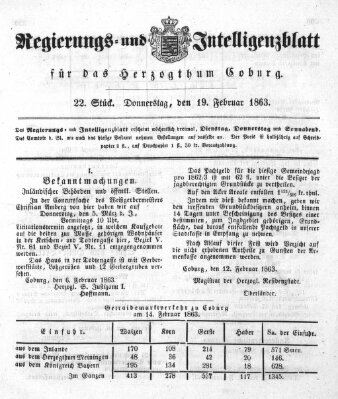 Regierungs- und Intelligenzblatt für das Herzogtum Coburg (Coburger Regierungs-Blatt) Donnerstag 19. Februar 1863