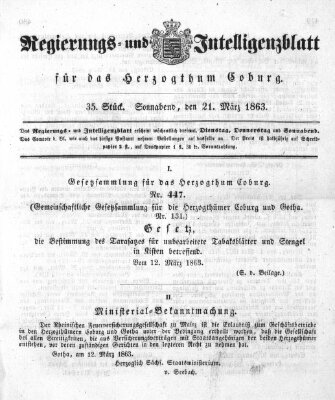 Regierungs- und Intelligenzblatt für das Herzogtum Coburg (Coburger Regierungs-Blatt) Samstag 21. März 1863